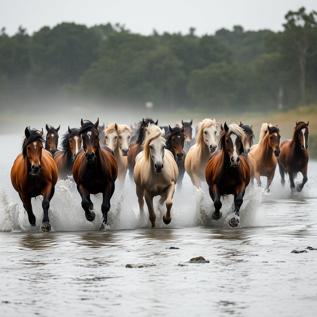 یه گله اسب در حال دویدن در رود خانه در باران15
