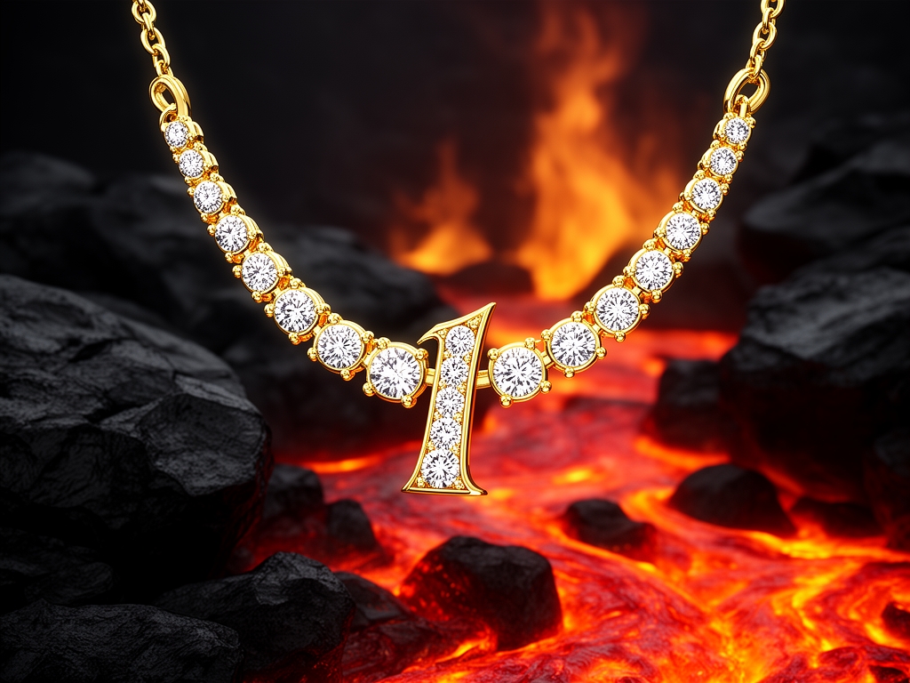 گردنبند طلایی درخشان فول نگین که پلاک آن عدد ۱ باشد خیلی خوشگل خفن با فاصله نسبتاً زیاد از یك بکگراند فوق العاد زیبا سنگ های مشکی مات و گدازه اتش اویزان است5