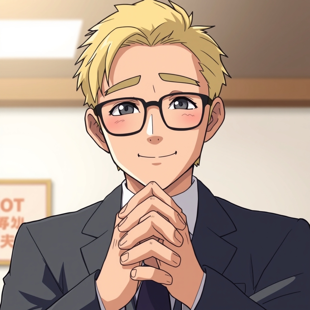 یک مرد ژاپنی که رئیس یک گروه مافیا است مو های طلایی دارد و چشم های طوسی و عینک روی چشمانش است و دست هایش را در هم قفل کرده و قیافه ی مهربانی دارد.0