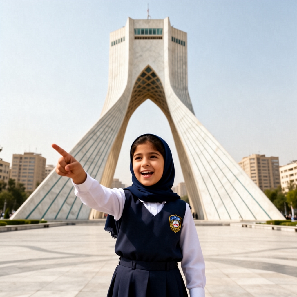 دختری ۱۰ ساله ایرانی با فورم مدرسه و مقنعه او جلوی برج میدان آزادی تهران است و از نمای پایین ازش عکاسی شده او خوشحال است و انگار دارد چیزی میگوید و انگشت اشاره اش سمت میدان آزادی است4
