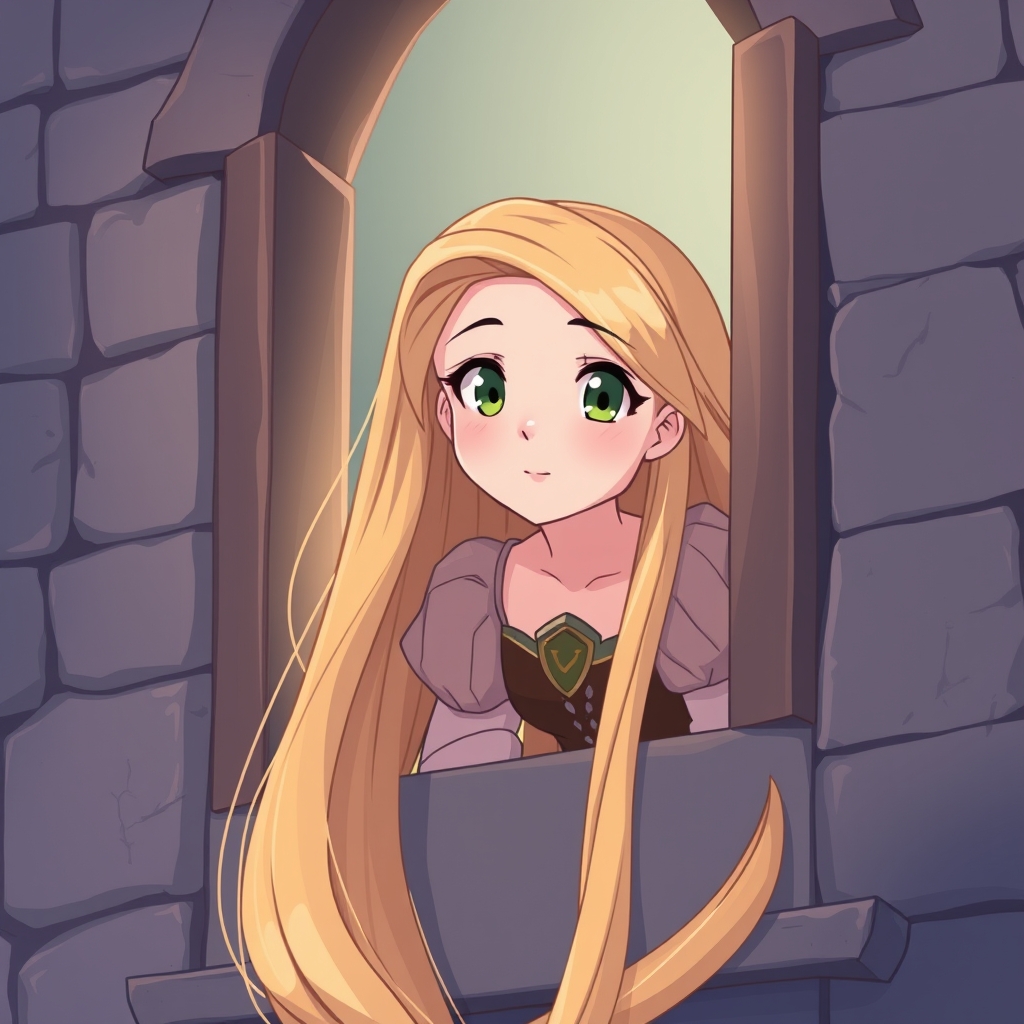 راپونزل که موهایش را از بالای قصر از پنجره بیرون آورده است19