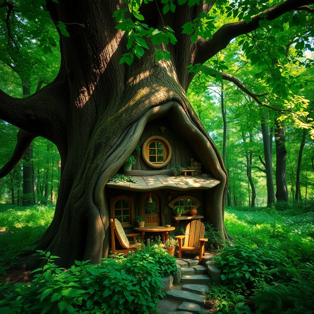 عکس یک خونه که از تنه ی درختی درست شده و در جنگل سرسبزی قرار گرفته18