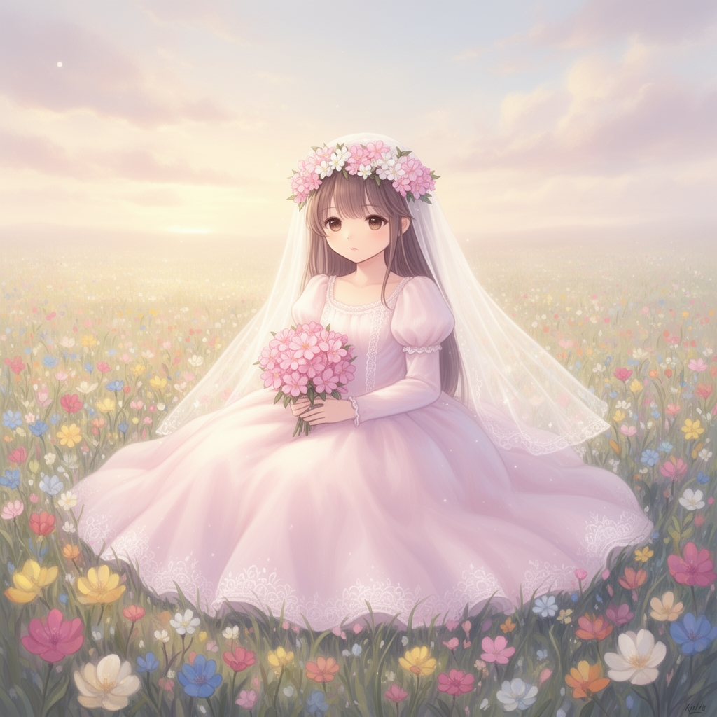 یک دختر 12 ساله با لباس عروس پفپفی صورتی کم رنگ و دستش یک دسته گل صورتی دستشه که روی سرش تاج گل است و وسط دشت گل ها نشسته
از رنگ ملایم استفاده بشه3