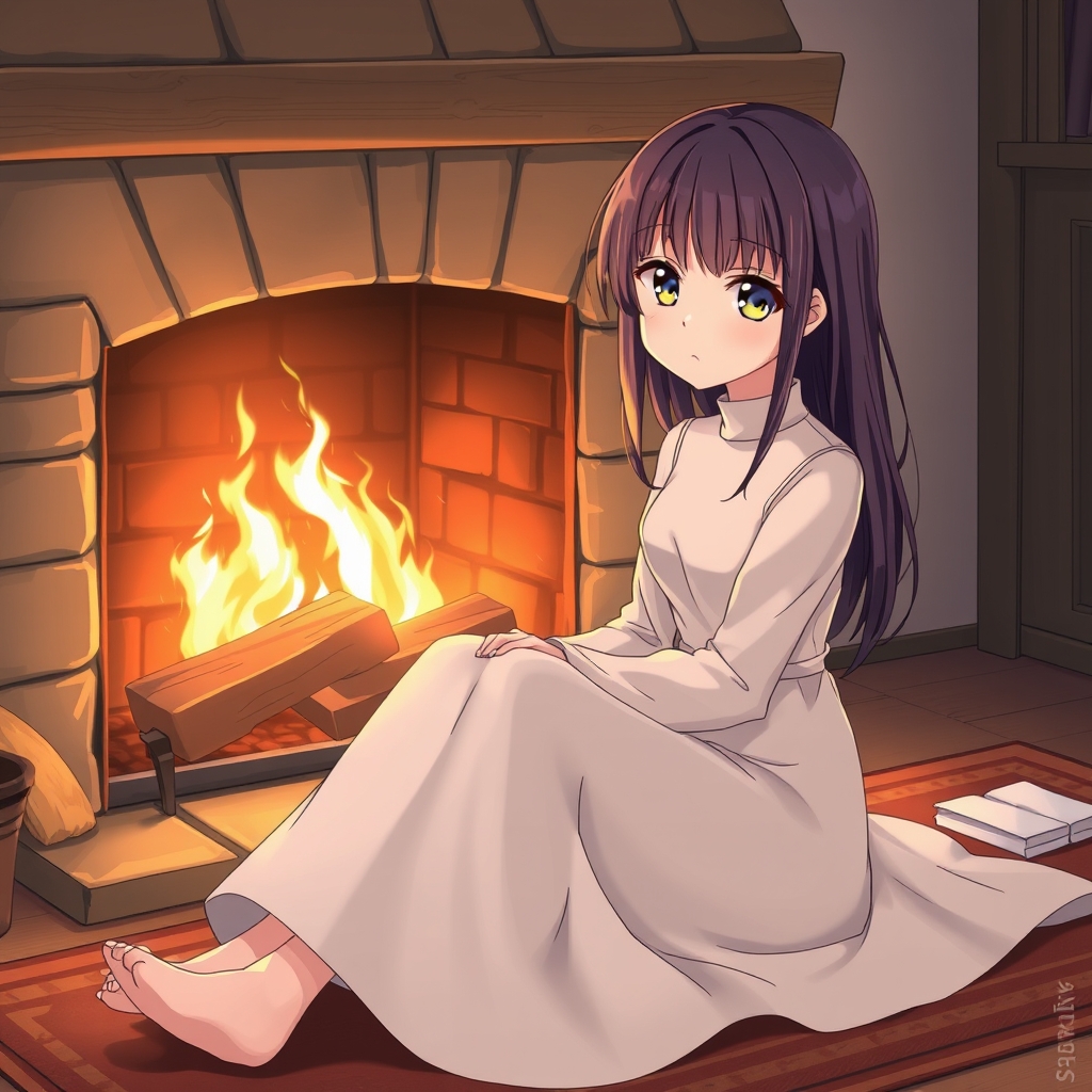 دختری زیبا با چتری که کنار شومینه نشسته10