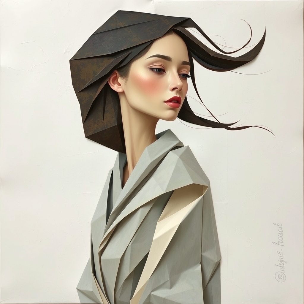 The image is a blurred and abstract painting of a woman with flowing hair, set against a soft, light background. The colors are muted, giving it a ethereal and dreamy feel, whit texture surface.5