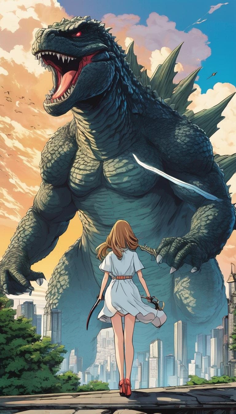 گودزیلا به شهر حمله کرده است، مردم در حال فرار و دختري زیبا با موهای بلند با کفش پاشنه بلند تابستانه با شمشیری بزرگ جلوی گودزیلا ایستاده است. 19
