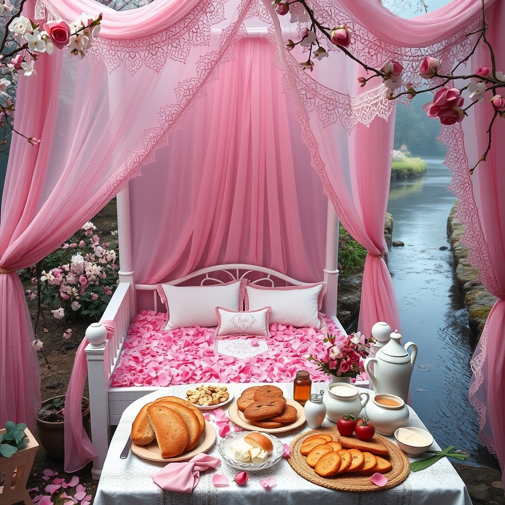 باغ گل رز صورتی بارانی 
زیر سایه بان تورباف صورتی 
تزیین شده با شکوفه های سیب 
تخت ساده سفید دخترانه قرون وسطایی 
پر شده با گلبرگ و شکوفه 
کنارش رودی جاری ست 
و میز صبحانه مجلل 
نان کره خامه عسل مربا شیر میوه3