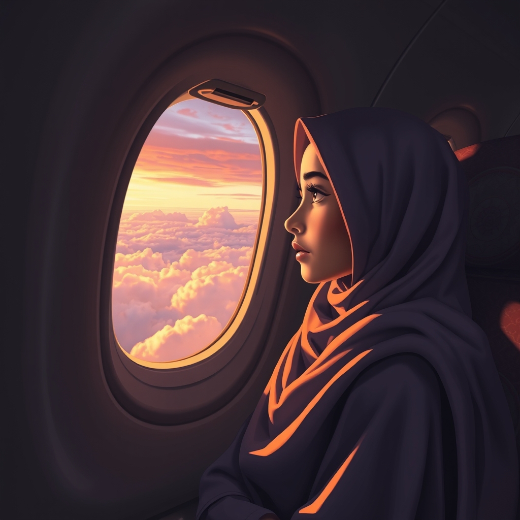 دختر مسلمان و محجبه ای داخل هواپیما در حال نگاه به بیرون از پنجره هواپیما 6