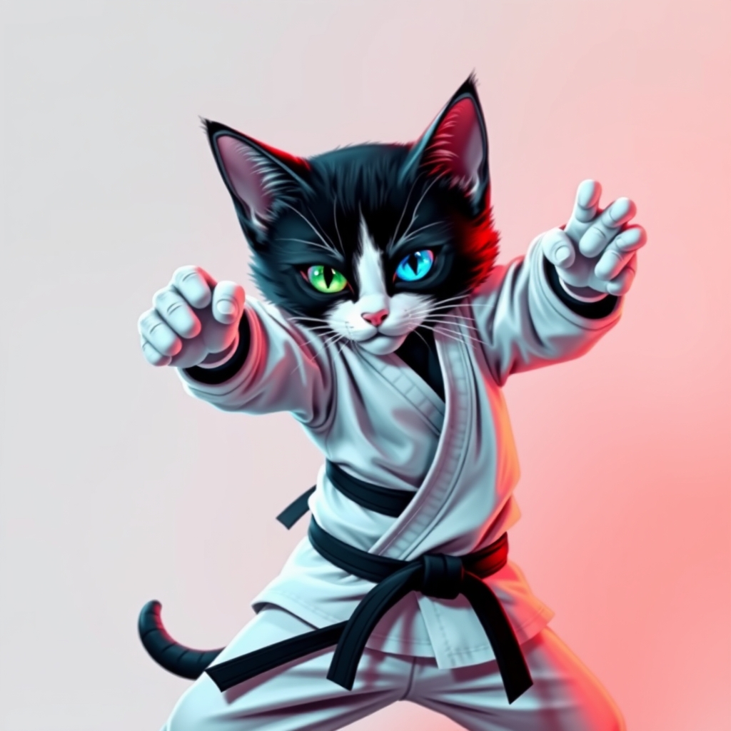 یک گربه مشکی سفید که یک چشمش سبز و چشم دیگرش آبی است که لباس کاراته با کمربندی مشکی که دارد روی دزدان لگد میزند 4