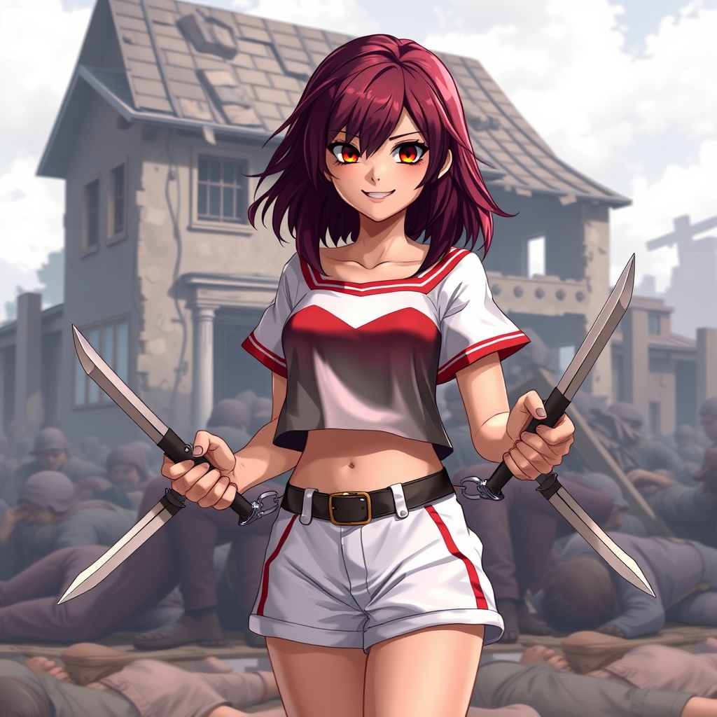 یه دختر مو شرابی با چشم قرمز یاقوتی با لباس سفید وقرمز
با شلوار سفید کوتاه که بشتش یه خونه ترکیده
عصبانی با دو خنجر در دستانش که پشتش کلی آدم
مردن و با اینکه عصبانیه لبخند زده
3