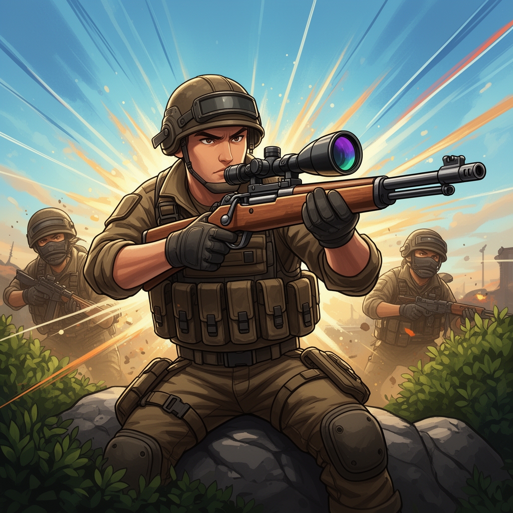 🎯 شخصیت کارتونی پابجی
نقش: Sniper حرفهای اسکواد
اسلحه: کار۹۸ با اسکوپ ۸× و ۶×
حالت: متمرکز، آرام، آماده شلیک، نگاه تیز و جدی
لباس: تاکتیکال با رنگهای خاکی و سبز، پر از جیب و تجهیزات
محیط: وسط میدان جنگ، پشت سنگ یا بوته، تیم پشت سر
احساس تصویر: انرژی، تمرکز، حس قهرمانی و حرفهای بودن
جزئیات کارتونی: خطوط پرانرژی، رنگهای روشن و اکشن، حالت حرکتی پویا
به سبک واقع گرایانه4