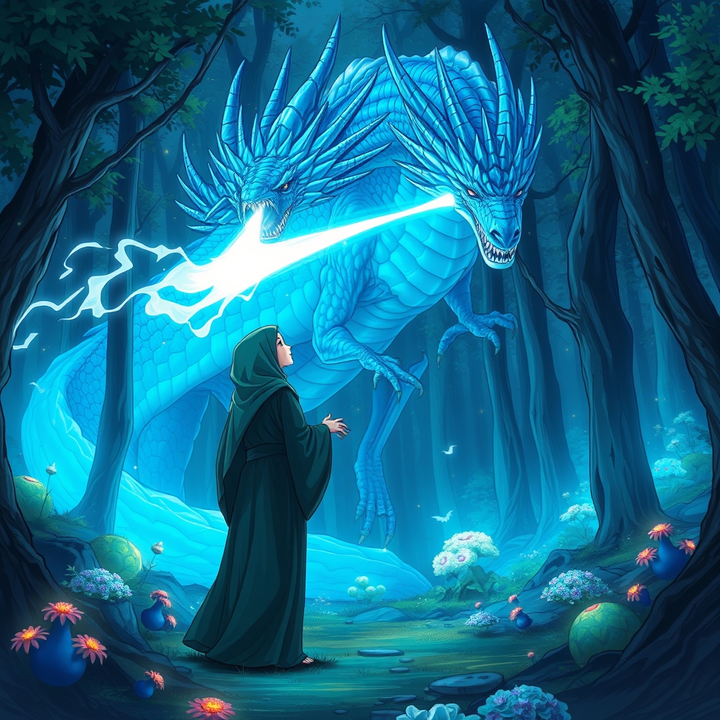 جادوگری در جنگل که یک اژدهای آبی به آن حمله میکند4