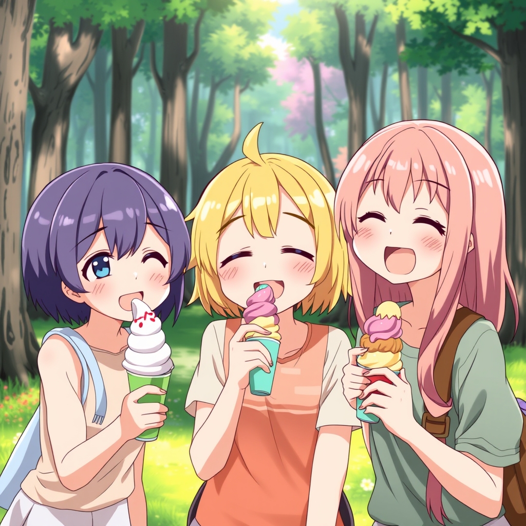 سه دوست در پارک جنگلی با مو های کوتاه و بلند درحال بستنی سه قولو خوردن2