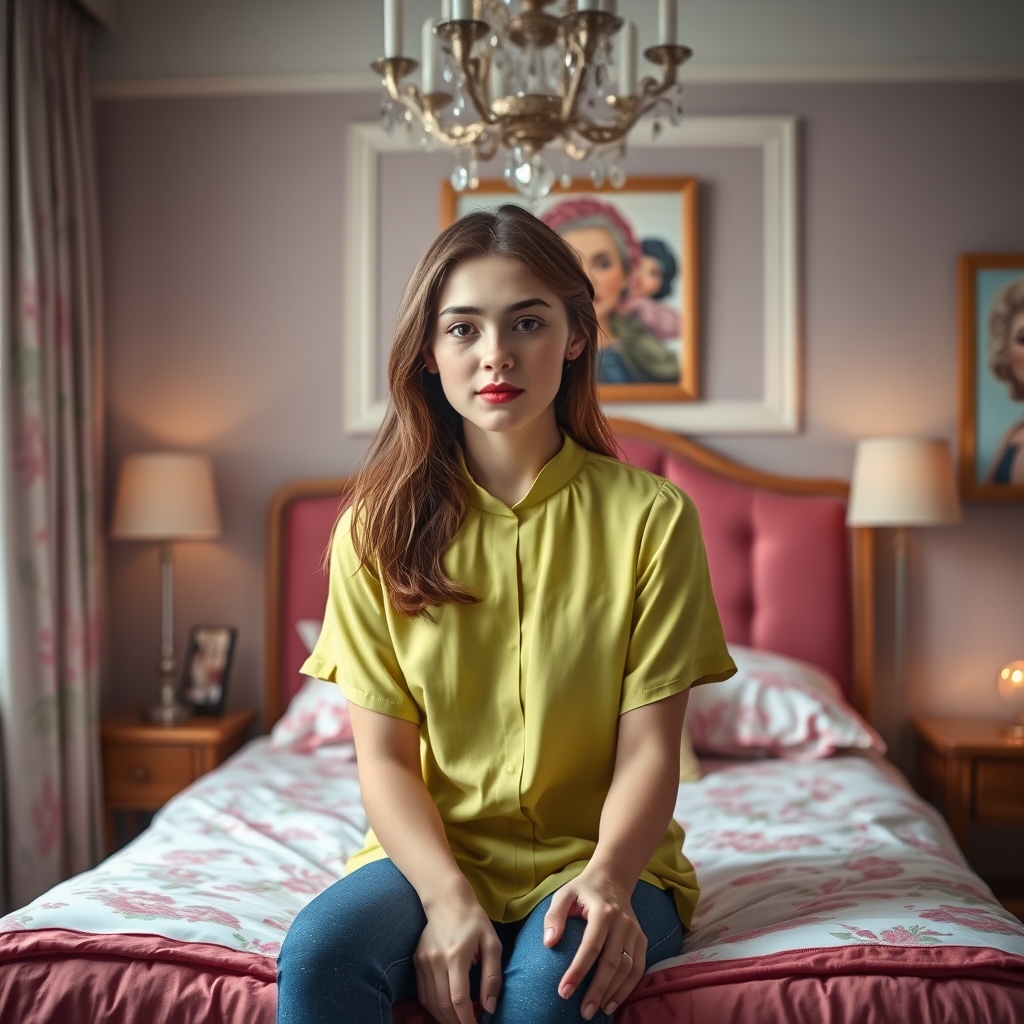 یک دختر نوجوان که در اتاق دخترانه و خیلی زیبا و شیک ترین وخوشگل ترین اتاق باشد و روی تخت دو نفره باشد و با لبانی سرخ و پوستی سفید باشد و با بلوزی لیمویی و زیبا باشد 0