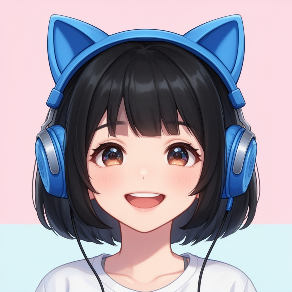 عکس یک دختر بامزه که لبخند میزنه و موهاش مشکی و کوتاهه و یک هدفون گربه ای رنگ آبی روی سرشه 0