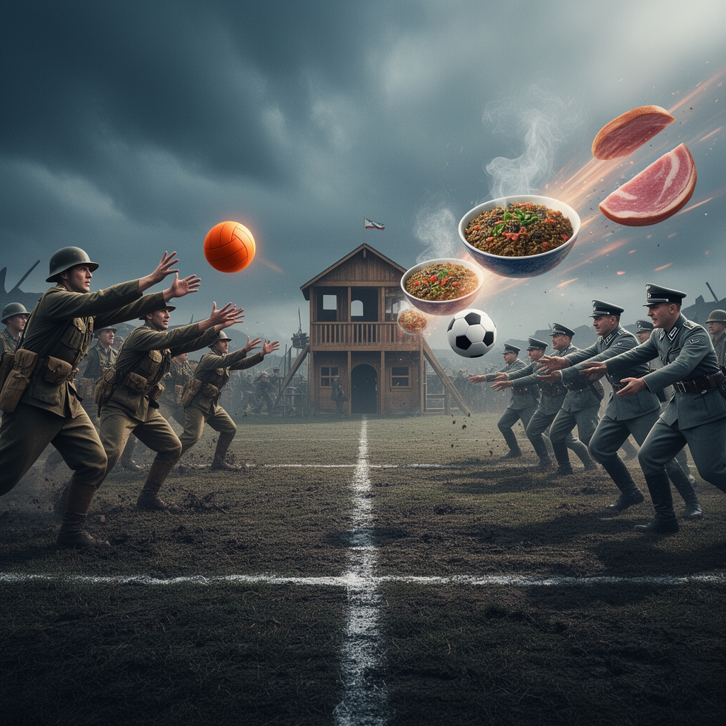 جنگ جهانی و پرتاب توپ والیبال و فوتبال و زمین فوتبال و مسابقه بین سرباز انگلیسی و نازی ها و توپ خانه ایرانی در حال پرتاب قرمه سبزی و ژامبون های موش
5