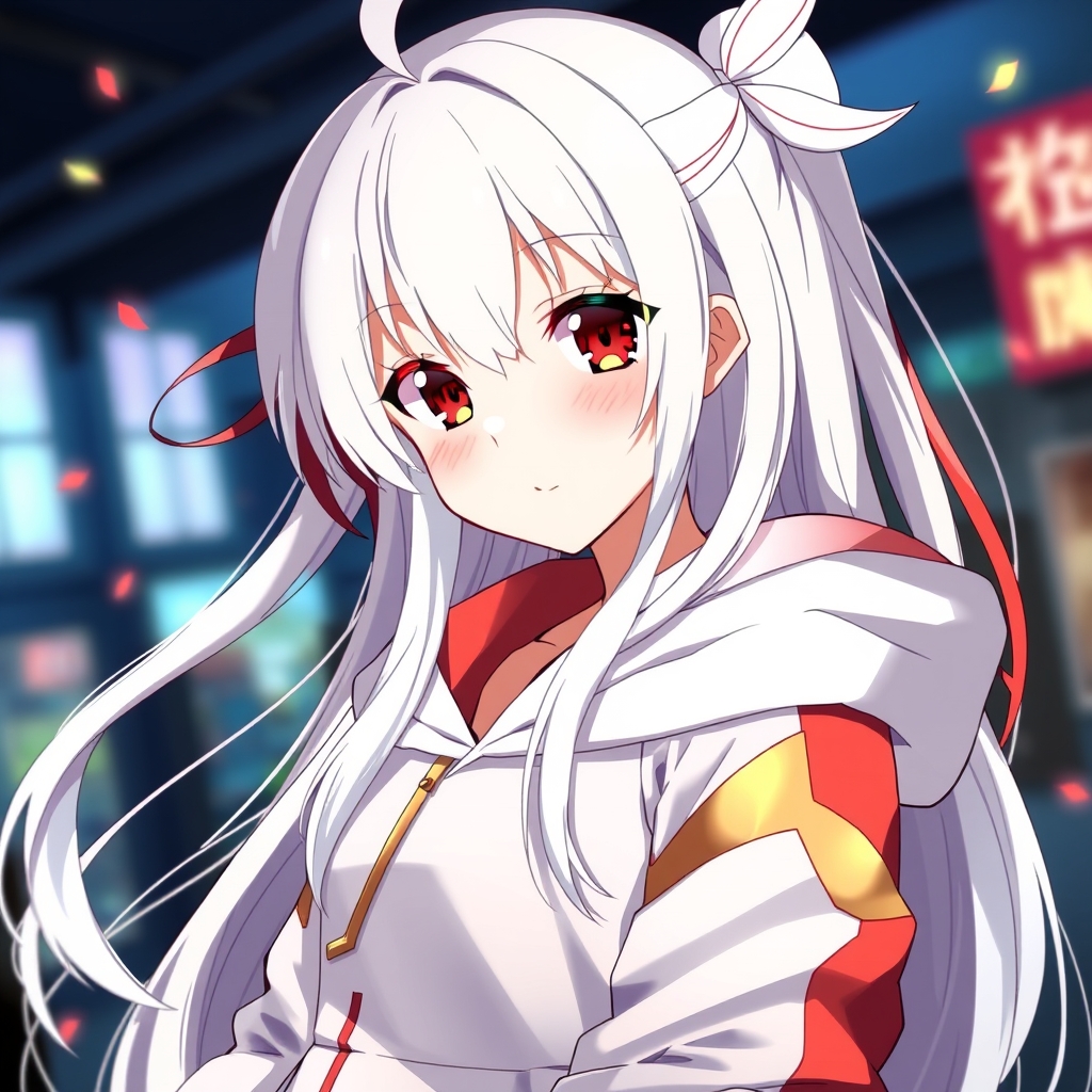 یه دختر با موهای بلند سفید که قرمز دارد داره با چشم های قرمز و طلایی و با هودی سفید و قرمز وکمی طلایی است کشیده12