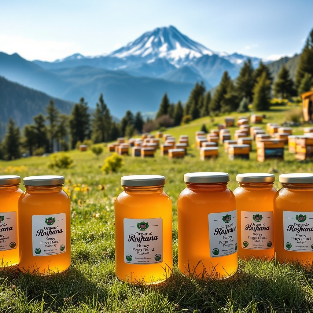 یک مزرعه  عسل در کوهستان با منظره زیبا قله  و رشته کوه های زیبا با کمی برف و یک دشت بزرگ با کندوهای زیبا و ده ها  ظرف یک کیلویی  عسل با ظرف شفاف  که در لیبل ان نوشته شده عسل گون ارگانیک روشنا یا به انگلیسی organic roshana 8