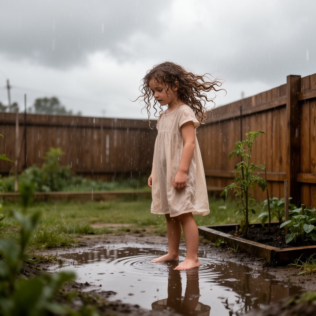 یک دختر موفرفری درحیاط داره بارون میاد3