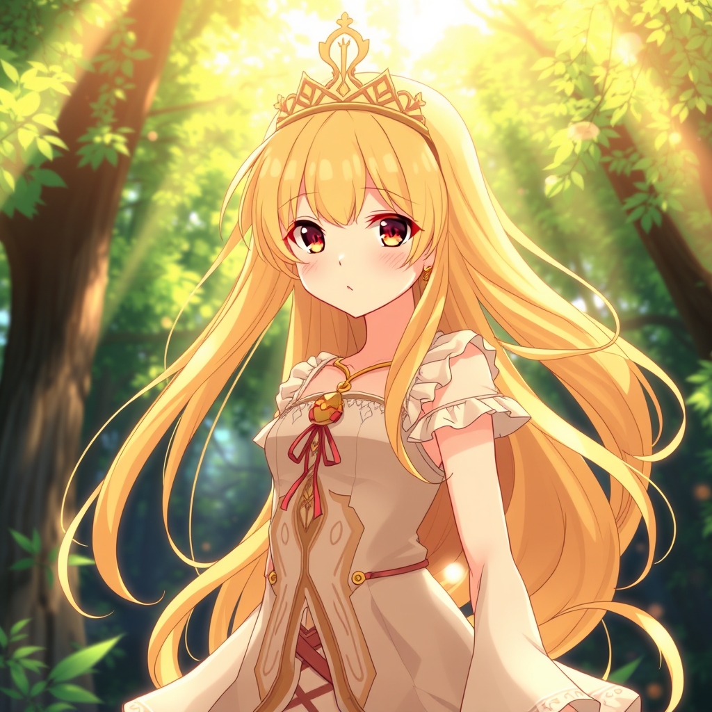 یک دختر انیمه با چشم و موهای بلند طلایی که ملکه تابستانی است20