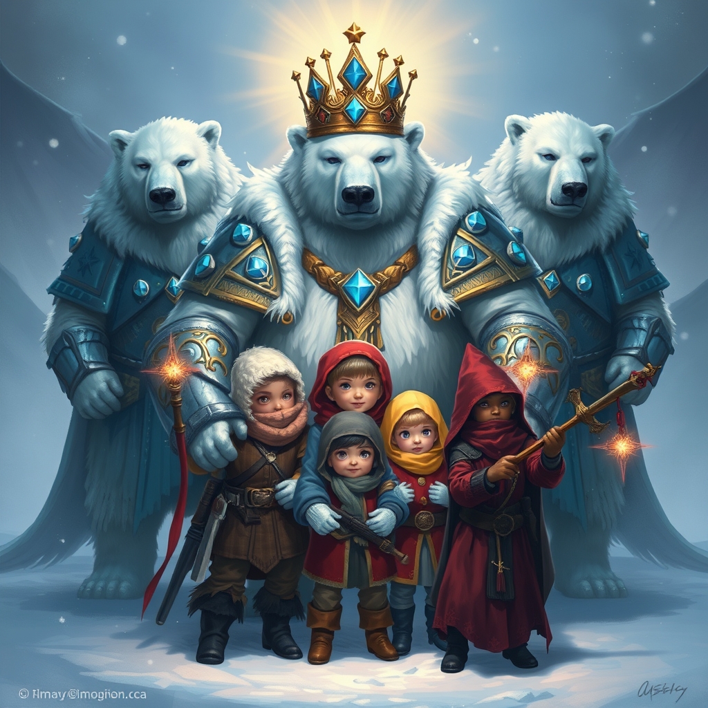 پادشاه خرسهای قطبی با تاج و زره اسمانی به همراه چند خرس دیگر که انها هم زره پوشیده اند از چند دختر و پسر کوچک با لباس های گرم، بچه ها در در بین خود نگه داشته اند تا اسیب نبینند و در مقابل حمله ی چند افسونگر بدجنس از بچه ها دفاع و با افسونگر ها مبارزه میکنند 6