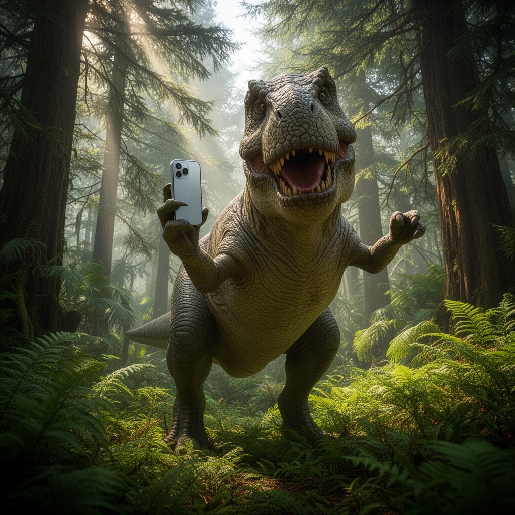 یک دایناسور تی‌رکس که سعی دارد با دست‌های کوتاهش سلفی بگیرد، زاویه دوربین کج و بامزه، دهان باز و خندان، پس‌زمینه جنگل ژوراسیک.0