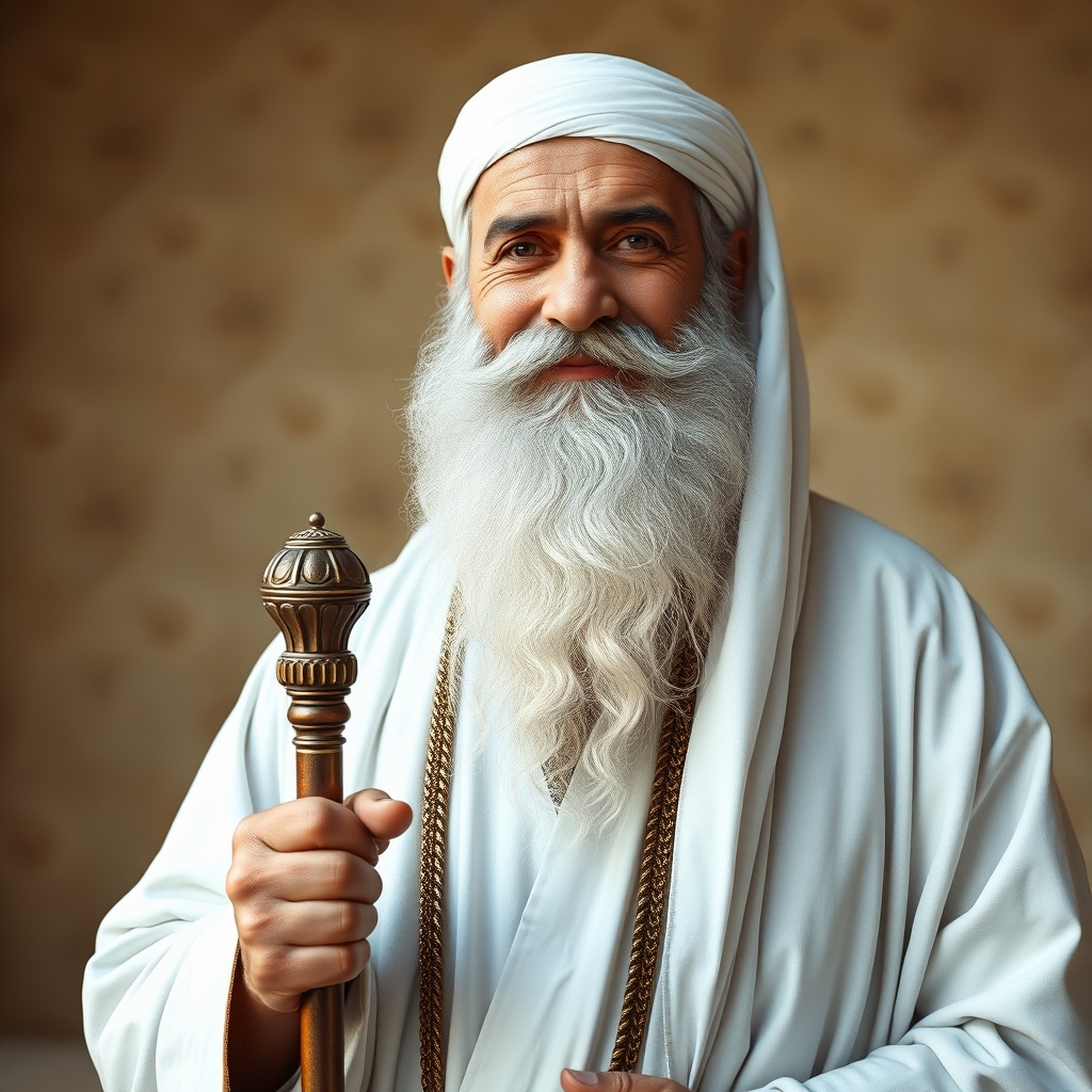 حكيمٌ في منتصف العمر من العصر الإسلامي، أبيض البشرة ولحيته بيضاء كثيفة وطويلة. يحدق في العدسة، مبتسمًا ابتسامة خفيفة. يقف ممسكًا بعصا في يده، ويرتدي ملابس بيضاء جميلة. صورة واقعية للغاية، بدقة 4K، كلاسيكية، بحيث يظهر جسده بالكامل.
18