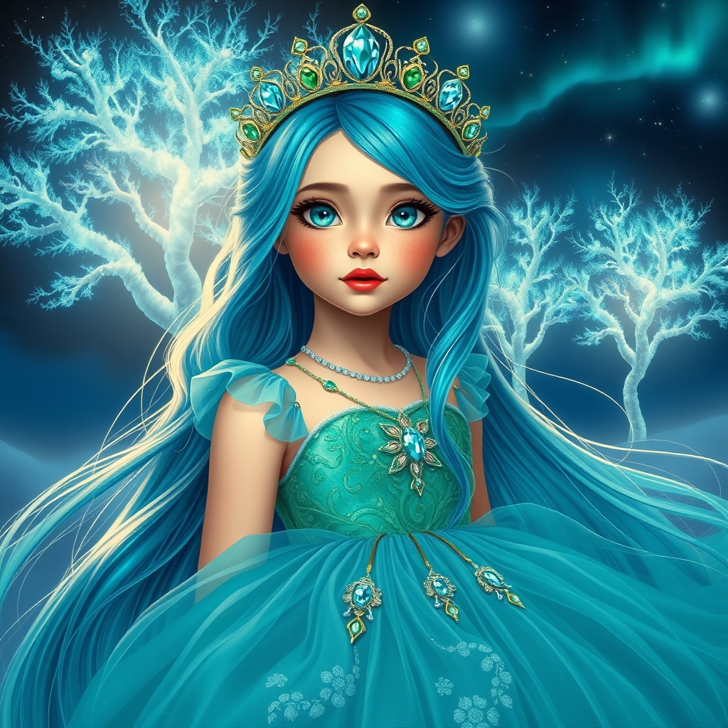 دختری زیبا روی که موهایش تا زانوهایش برسد و لاجوردی فیروزه ای باشد
پوستی هلویی و زیبا با لبانی به سرخی رز قرمز یاقوتی و گونه هایی به رنگ صورتی ملیح
چشمانی به رنگ آبی لاجوردی و فیروزه ای و سبز زمردی روشن
لباسی که با سنگ آکوامارین لاجوردی فیروزه ای که لباس پفی به رنگ سبز زمردی و لاجوردی به همراه تاجی که با سنگ های زینتی مانند الماس و آکوامارین سبز زمردی فیروزه ای لاجوردی باشد
پس زمینه آن درختانی براق به رنگ شفق قطبی و کریستالی
شب باشد و درختان بدرخشند دامنش دیده بشه 22