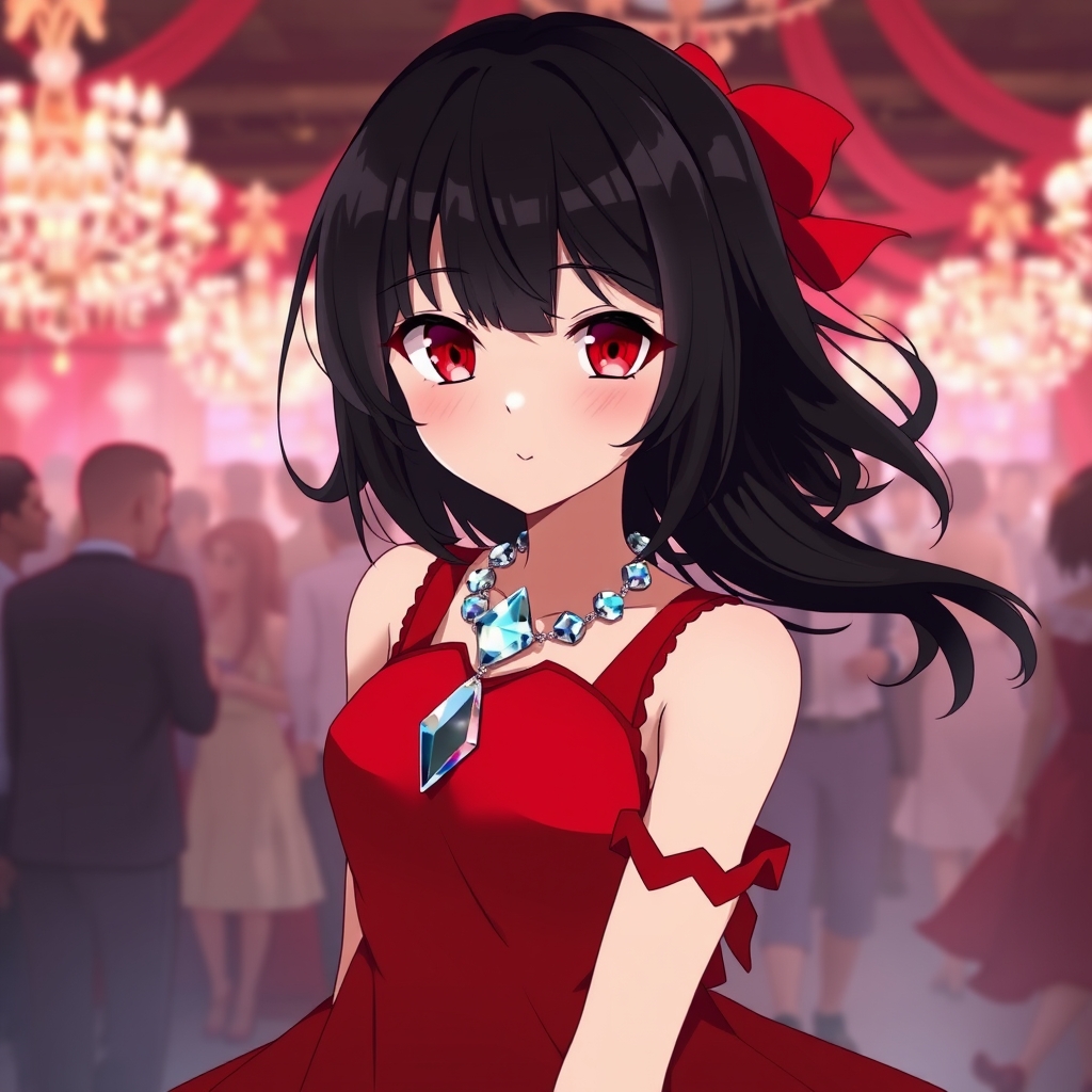 دختری با مو های سیا چشمان قرمزکه یک باس قرمز پوشیده او بسیار زیبا و رویایی است.و یک گردنبند شیشه خون دور گردنش دارد او در یک مهمانی بزرگ است6