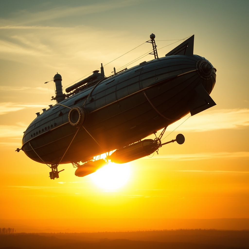 یک کشتی هوایی استیم‌پانک با چرخ‌دنده‌ها و لوله‌ها، در حال پرواز در غروب طلایی.4