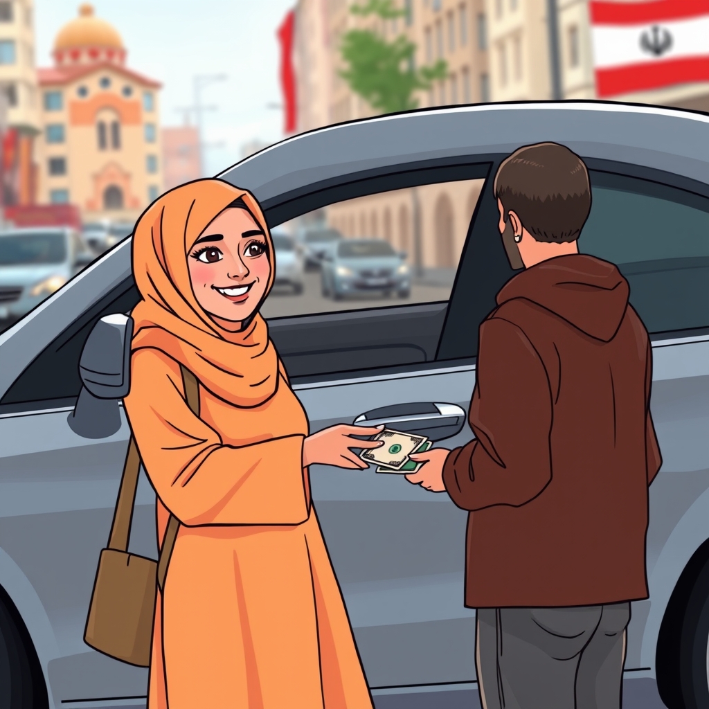 یک دختر در ماشین بنز نشسته است و رانندگی می‌کند و به یک فقیر پول می‌دهد23