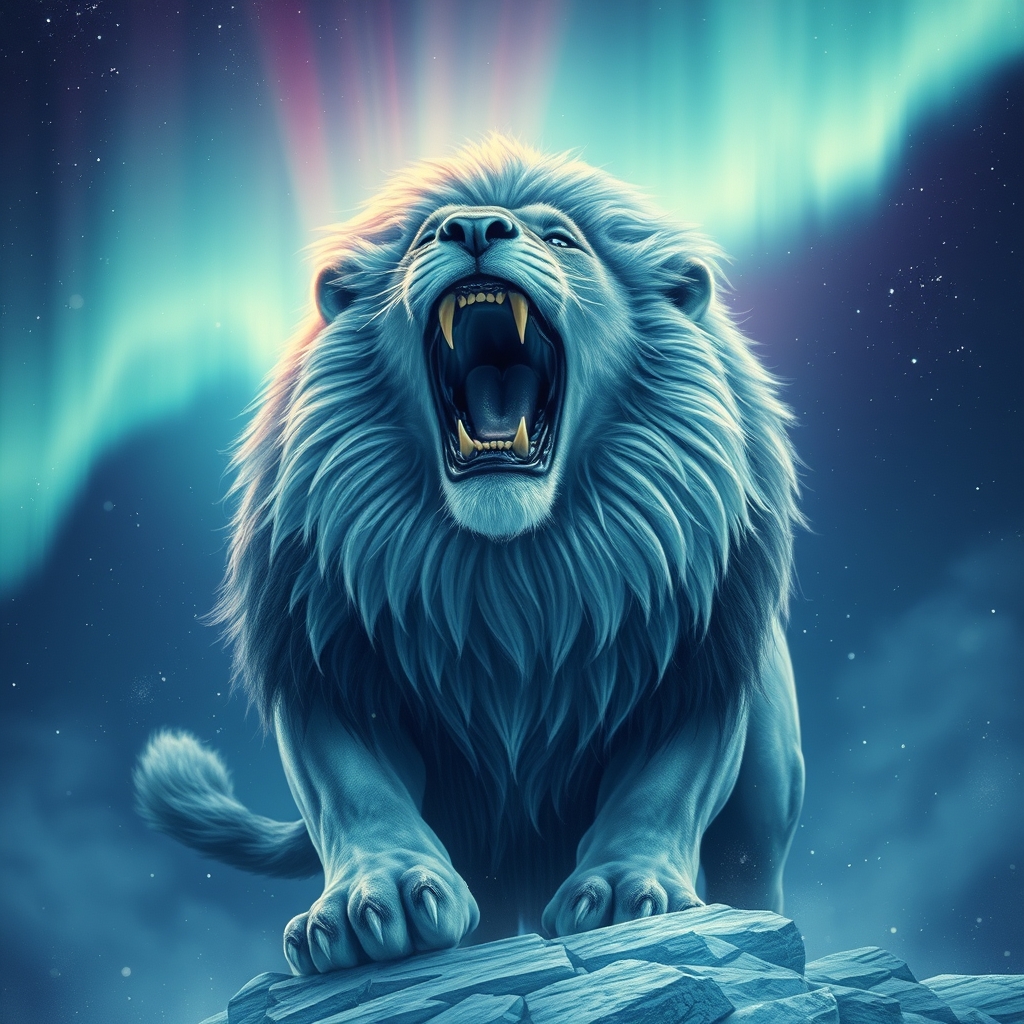 یک شیر قدرتمند با خز کریستالی‌شکل، غرش‌کنان زیر آسمانی روشن از شفق قطبی.14