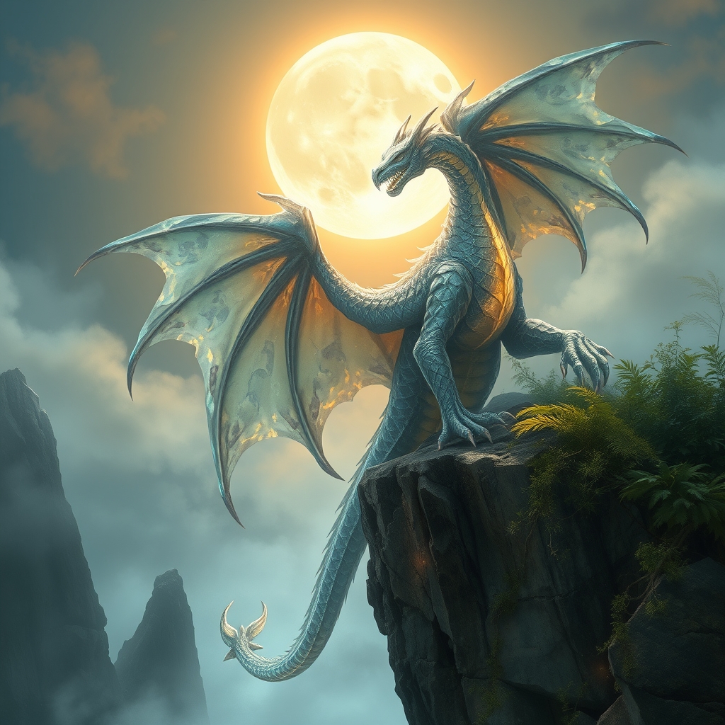 یک اژدهای کریستالی درخشان نشسته روی صخرهای زیر نور ماه کامل.2