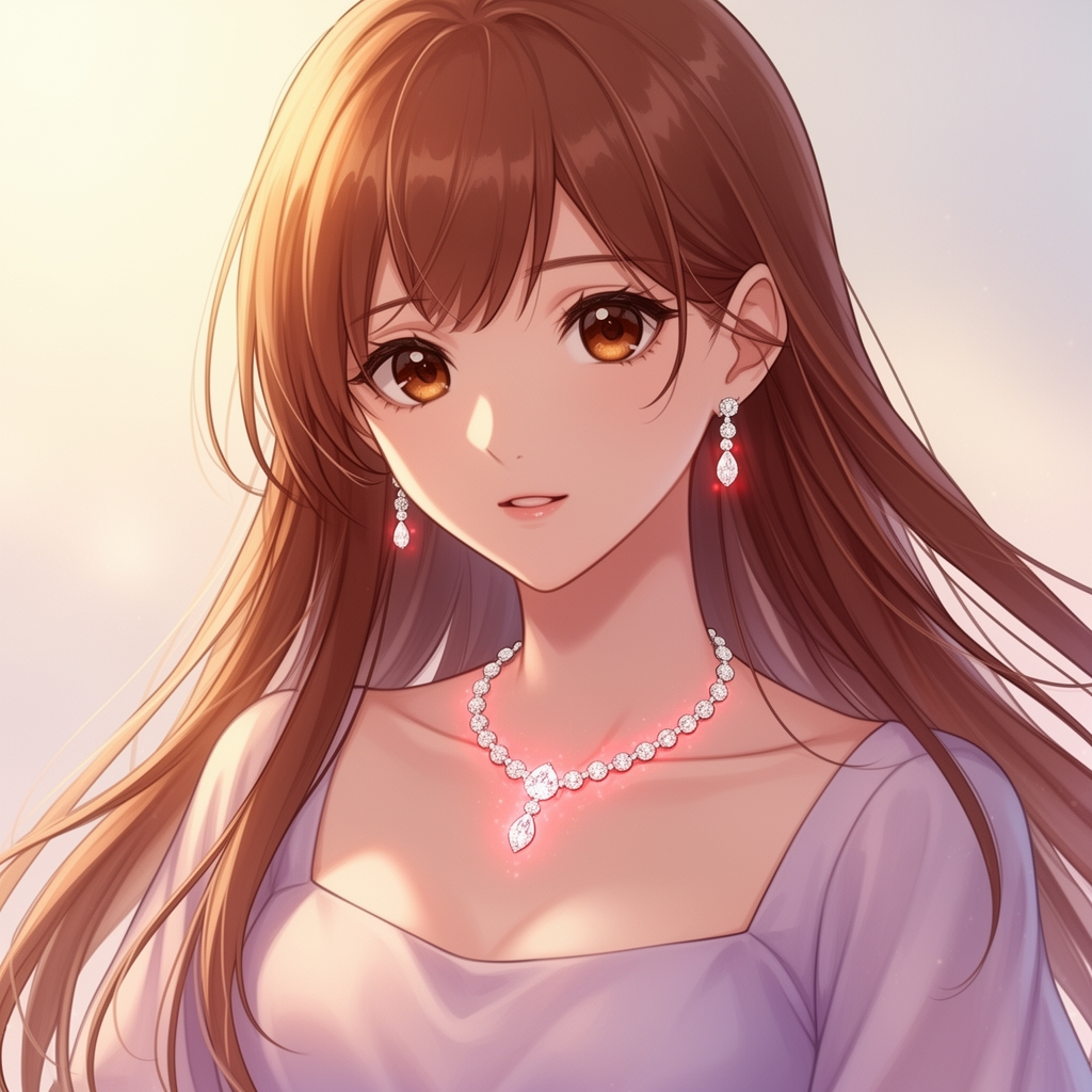 یک دختر با موهای بلند و زیبا عسلی و چشمانی عسلی زیر گونش قرمز مایل به صورتی یک گردن بند از الماس و گوشواره هایی از الماس3
