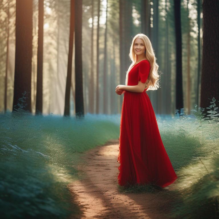 یک عکس پرتره از یک دختر جوان با چشمان آبی و موهای بلوند بلند، لباس قرمز پوشیده و لبخند ملایمی بر لب دارد. پس زمینه یک جنگل با درختان سر به فلک کشیده است9