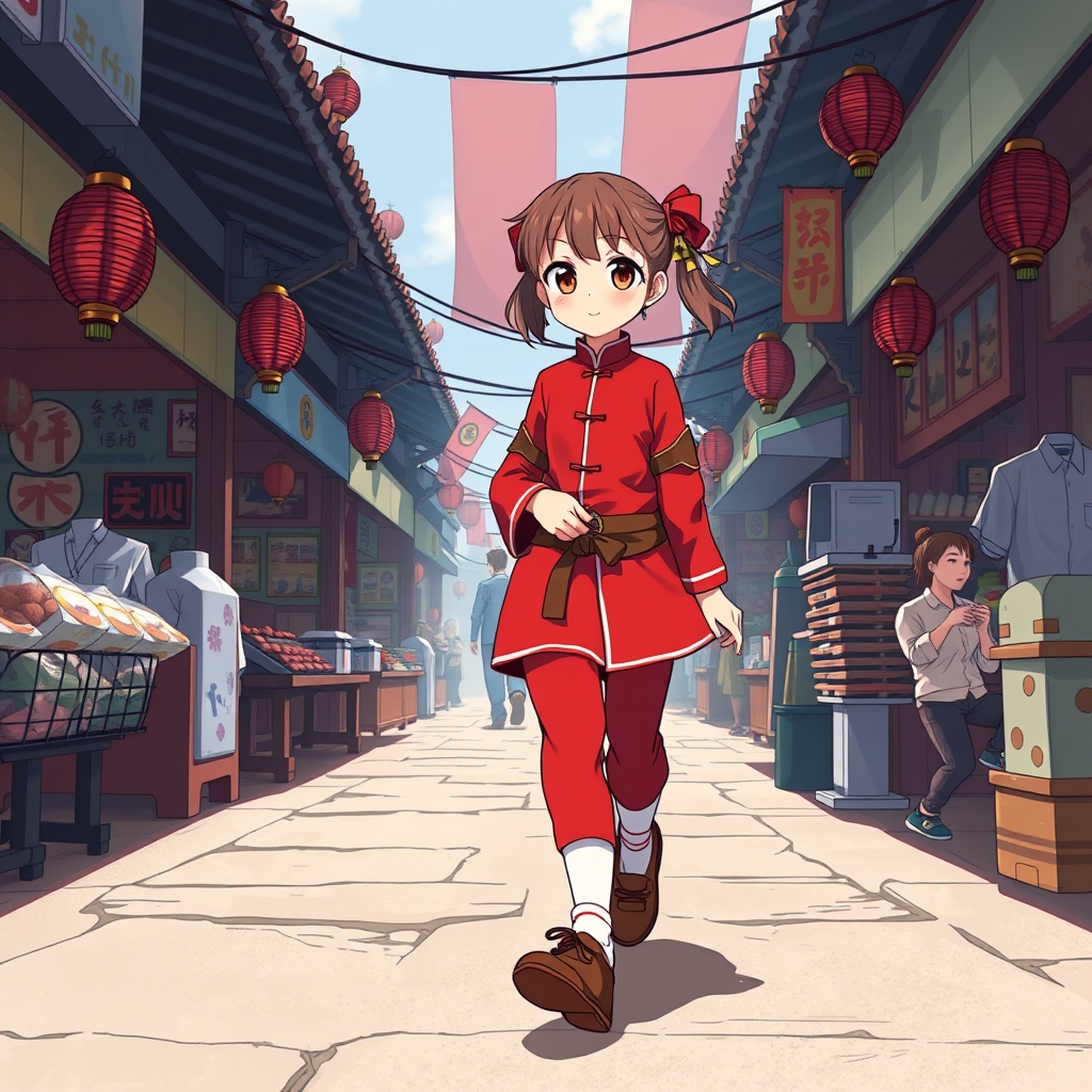 دختری با لباس قرمز  کنگفو و با شروار قرمز و با جوراب سفید و با کفش قهوه ای. بازار رد میشد. 7