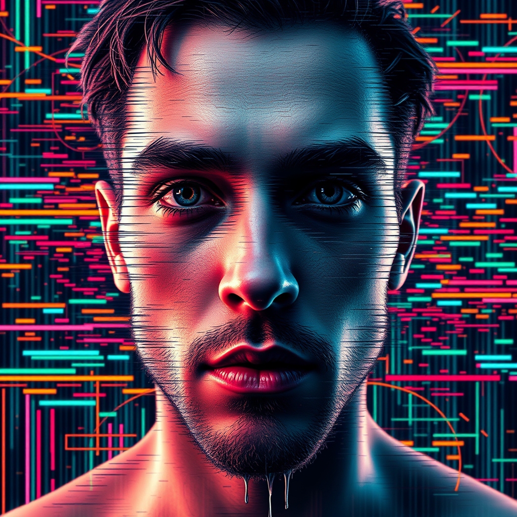 Male face with distorted features melting into a screen of chaotic static, distressed glitch effect, reminiscent of Ash Thorp's futuristic aesthetic, Sydney Emery's vibrant digital art, and Android Jones's psychedelic patterns, with bold brushstrokes and neon colors.4