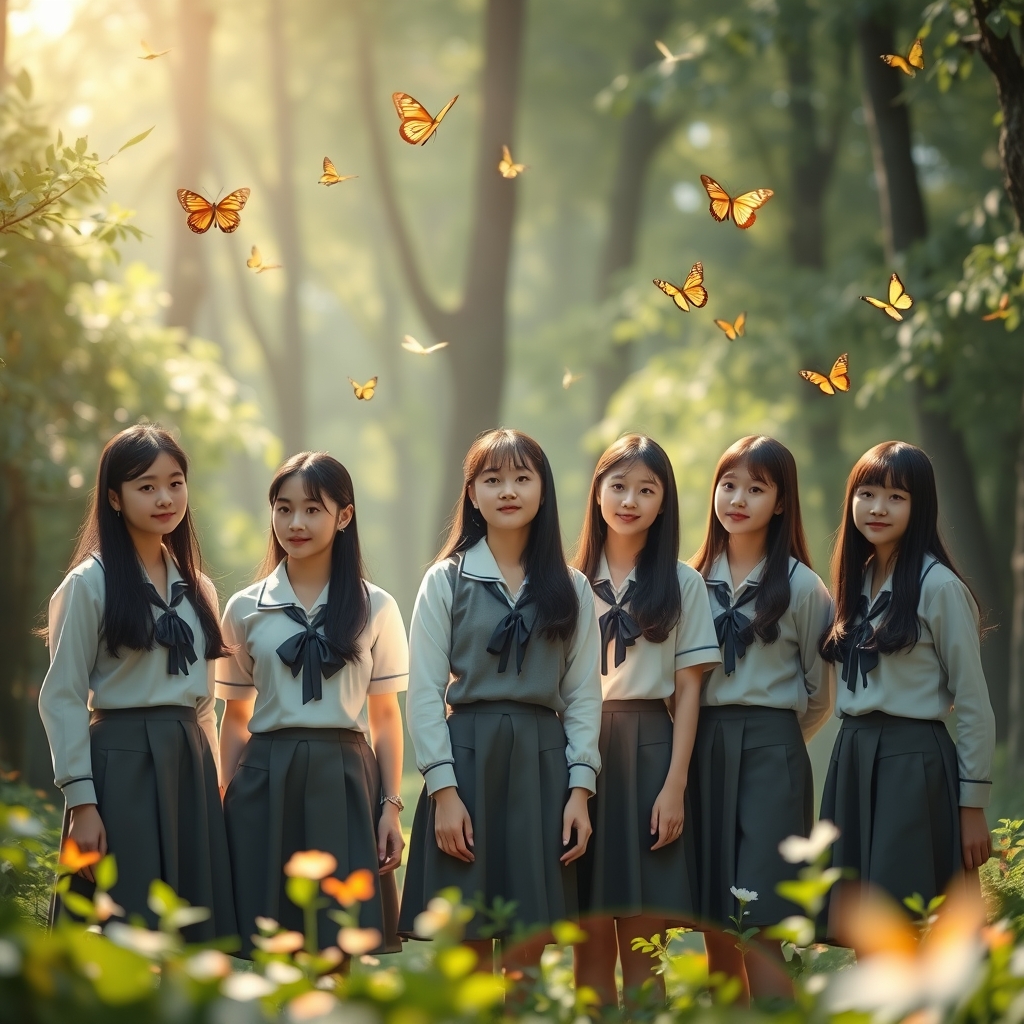 پنچ تا دختر 19 ساله کنار هم با فرم مدرسه
در حالی که تو یه جنگل جادویی، زیبا و درخشان هستن
دورشون پروانه های زیبا در حال پرواز هستن 18