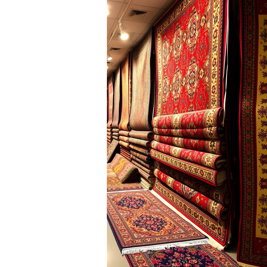 یک فروشگاه قالی ایرانی پر از طرحها و نقشهای زنده و سنتی.3