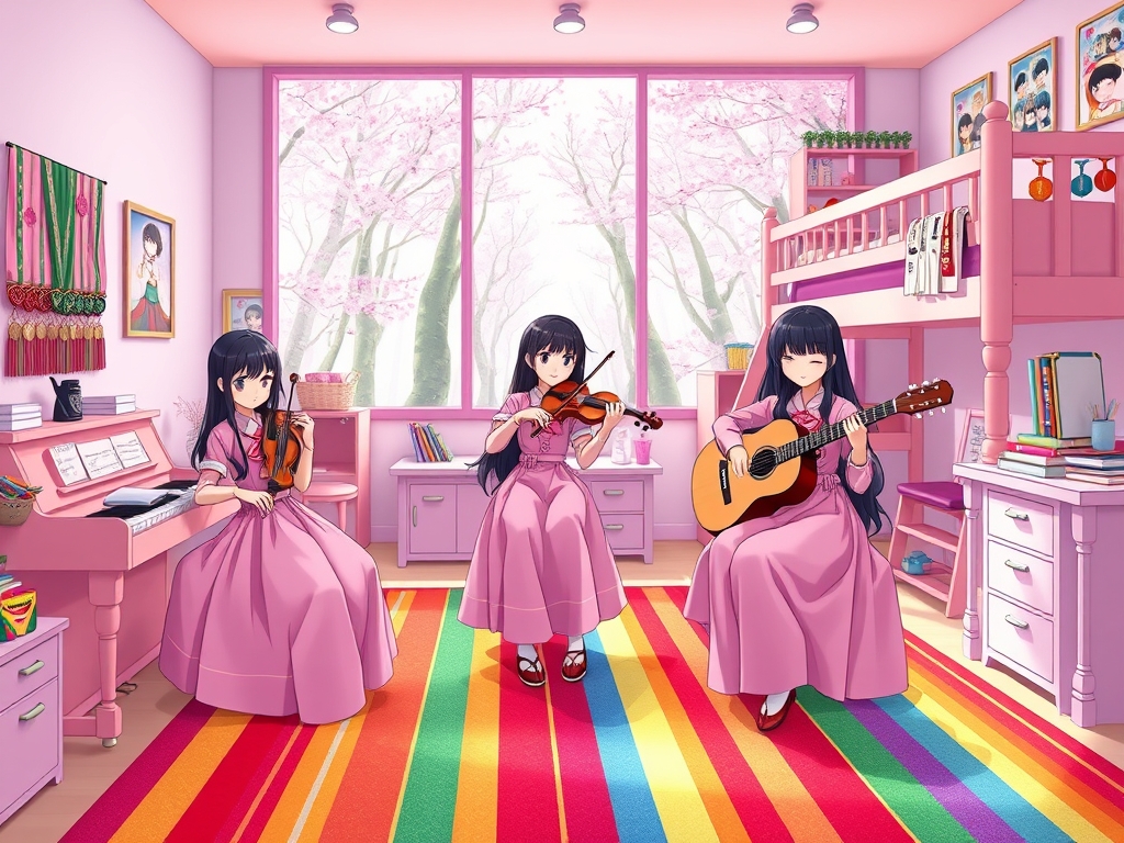 اتاق ستین و سوین و سلین که سه خواهر سه قلو با لباس های صورتی و دامن دار و مو های مشکی و بلند هستند و توی این اتاق تخت دو طبقه است و میز ها صورتی است و فرش اتاق رنگین کمانی و اکلیلی است و ستین پیانو می نوازد و سوین ویولن می نوازد و سلین گیتار می نوازد و تعداد زیادی مدال 🥈🥉🥇به دیوار آویزان شده است و تابلو های نقاشی آنها روی دیوار است که تصویر جنگل پر از شکوفه صورتی است و روی میز مداد رنگی و دفتر نقاشی است15