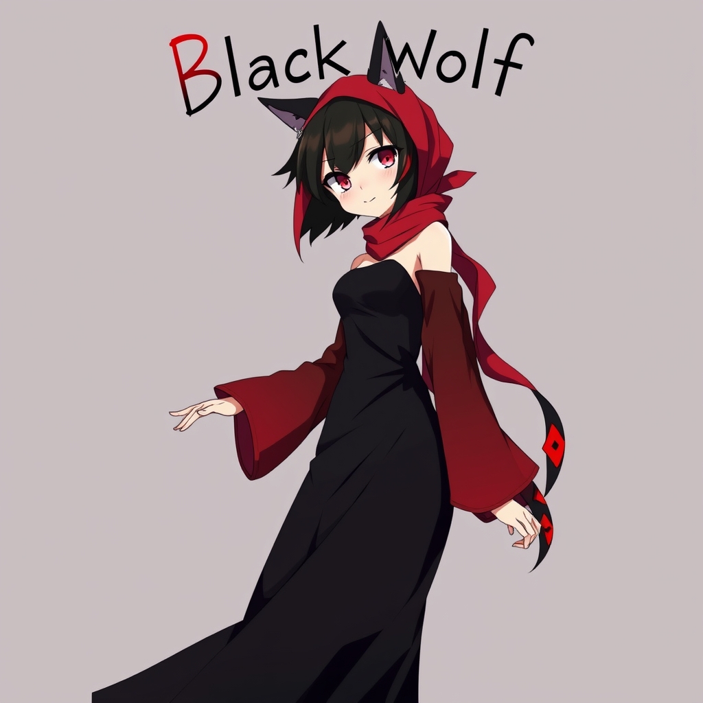 یک دختر انیمه ای قرمز و مشکی که بالا سرش نوشته باشد Black wolf 17