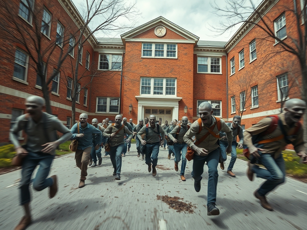 زامبی‌هایی که کیف به دست از یک مدرسه‌‌ی سالم و بزرگ با سرعت فرار می‌کنند و زامبی‌های بسیار بزرگتر به دنبال آنها میدوند5