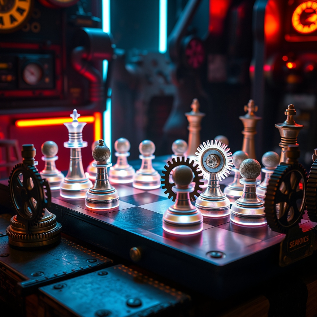 یک صفحه شطرنج به سبک استیمپانک با مهرههایی به شکل چرخدندهها.10