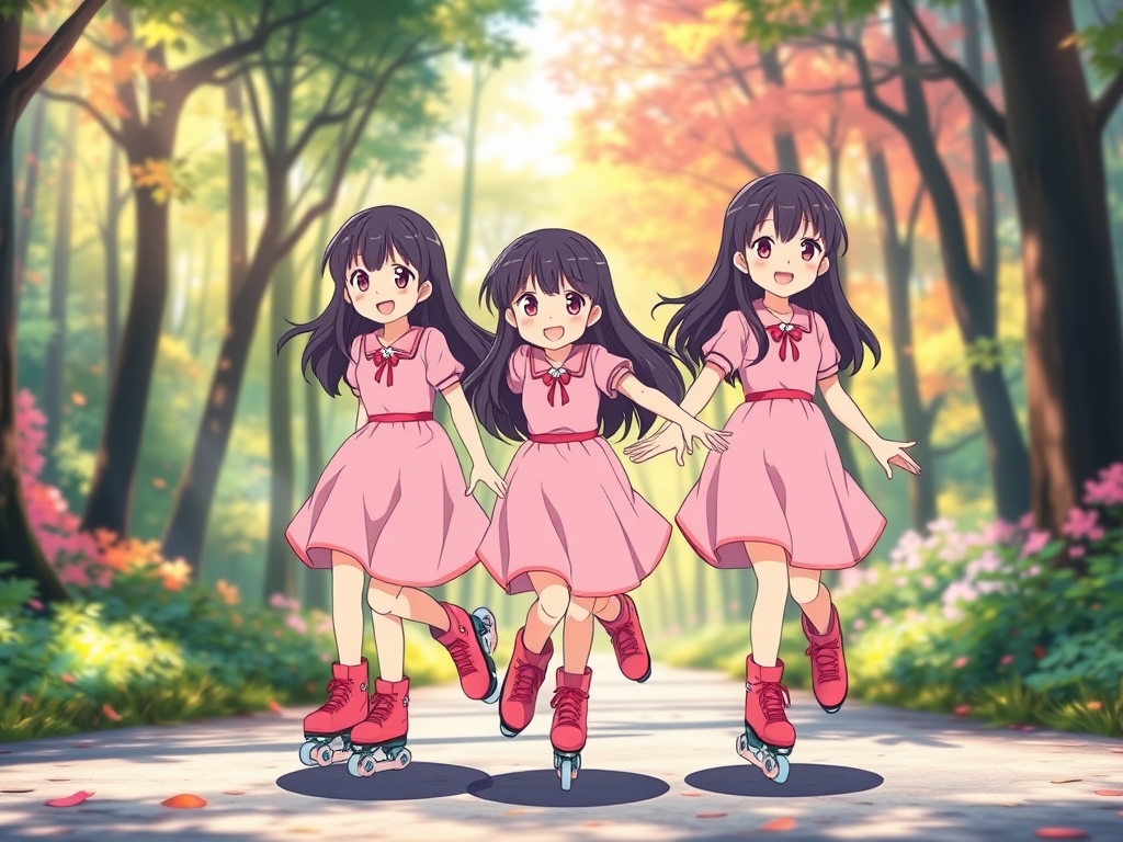 عکس سه تا دختر  سه قلو که کفش اسکیت پوشیده اند و در حال اسکیت سواری هستند و مو های بلند و مشکی دارند و لب های سرخ و لبخندی ملایم دارد و لباس هر سه تاشون صورتی و دامن دار مانند پرنسس ها است و پشت سر آنها جنگلی زیبا است و کفش اسکیت هر سه تاشون صورتی است و چشم های هر سه تاشون صورتی است4