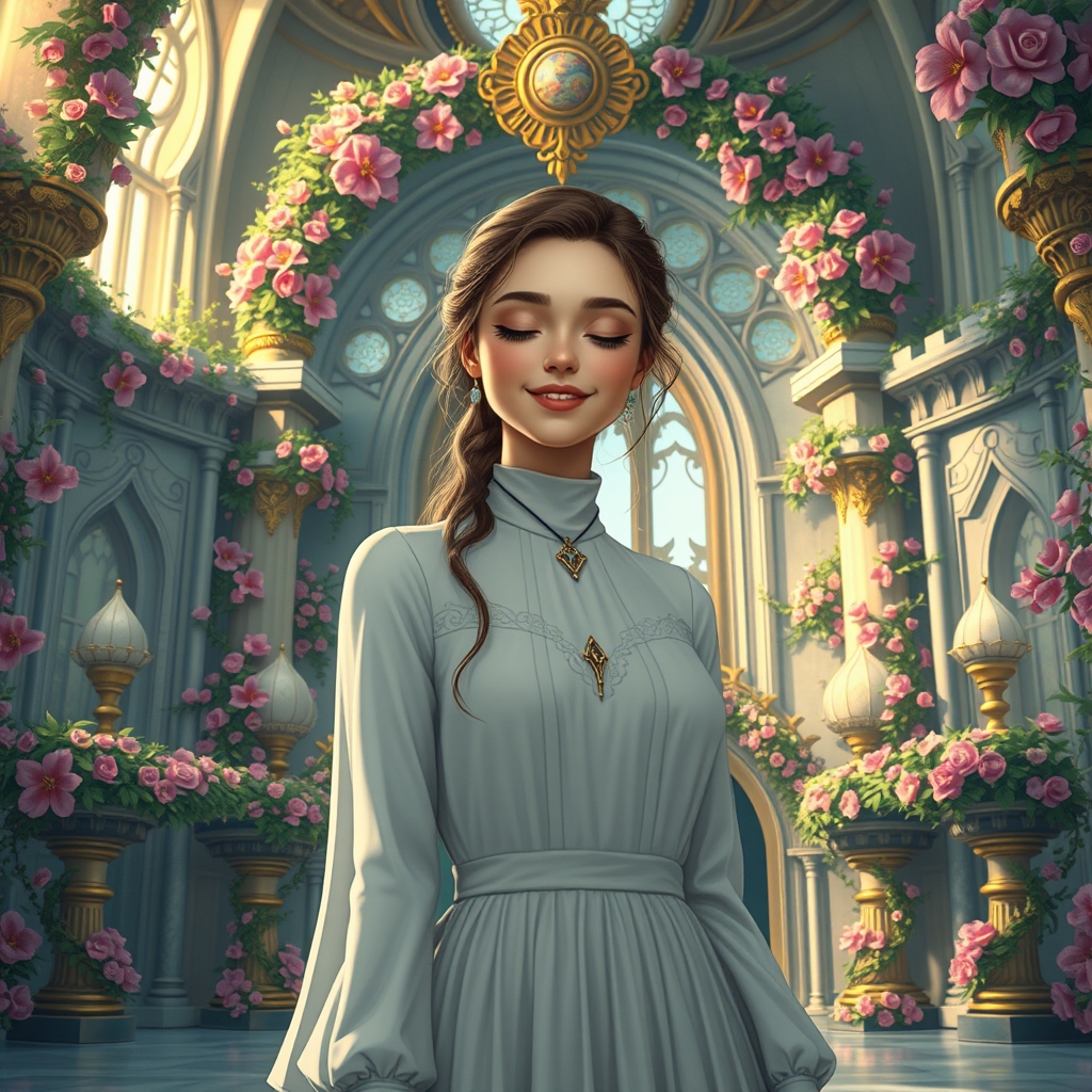 دختری که در قلعه قشنگی که از گل و جواهرات دریت شده با لبخند که چشمش بسته شده باشه

0