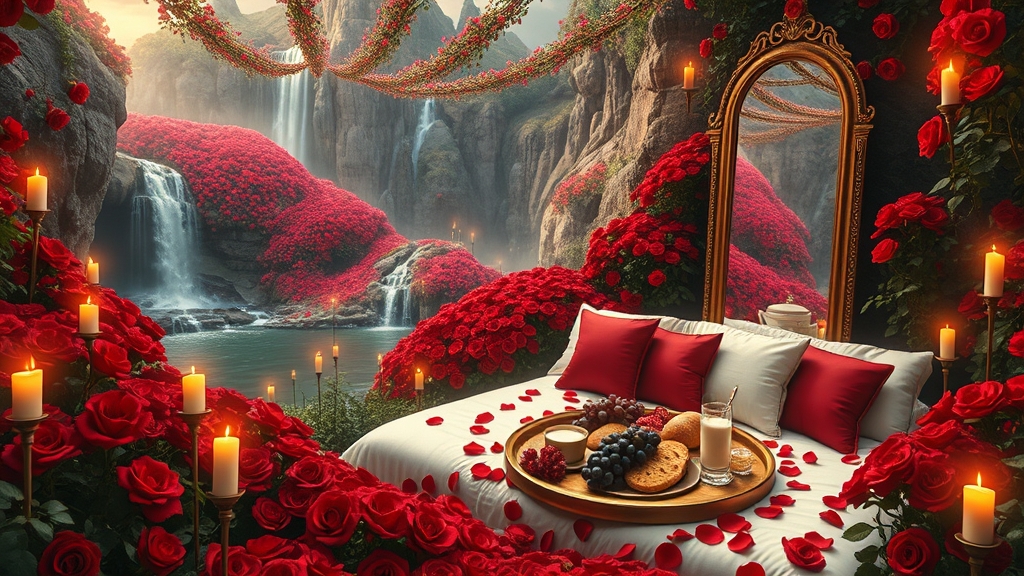 باغ بزرگ و افسانه ای پر گل سرخ
آبشارها از میان صخره های بلند کوهستانی پوشیده از گل سرخ به داخل برکه می ریزند 
 گوشه کنار هزاران شمع روشن ست
یک تشک گرم و نرم سفید با کوسن های قرمز پر شده با گلبرگ های سرخ دیده می شود
و سینی گرد و طلایی پر نان کره خامه عسل میوه و شیر و شیر برنج خوشه انگور سرخ سیاه زرد 
نزدیک تشک یک آینه تمام قد بلند از طلا ایستاده3