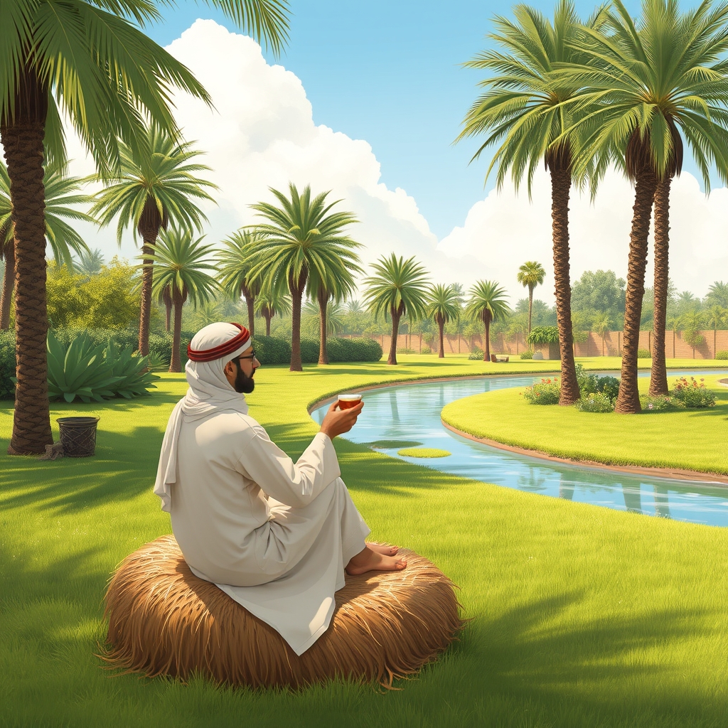 دو نفر عربستانی با دشداشه عربی و چفیه قرمز نشستن و اتش جلوشون روشن و درحال درست کردن قهوه ویکی درحال چای خوردن فنجان در،راست گرفته در چمن زار سرسبز ک درختان نخل و خرما کنار درختان رودخانه بزرگ پراز اب صاف و اسمون ابی روشن صاف پراز ابرهای سفید1