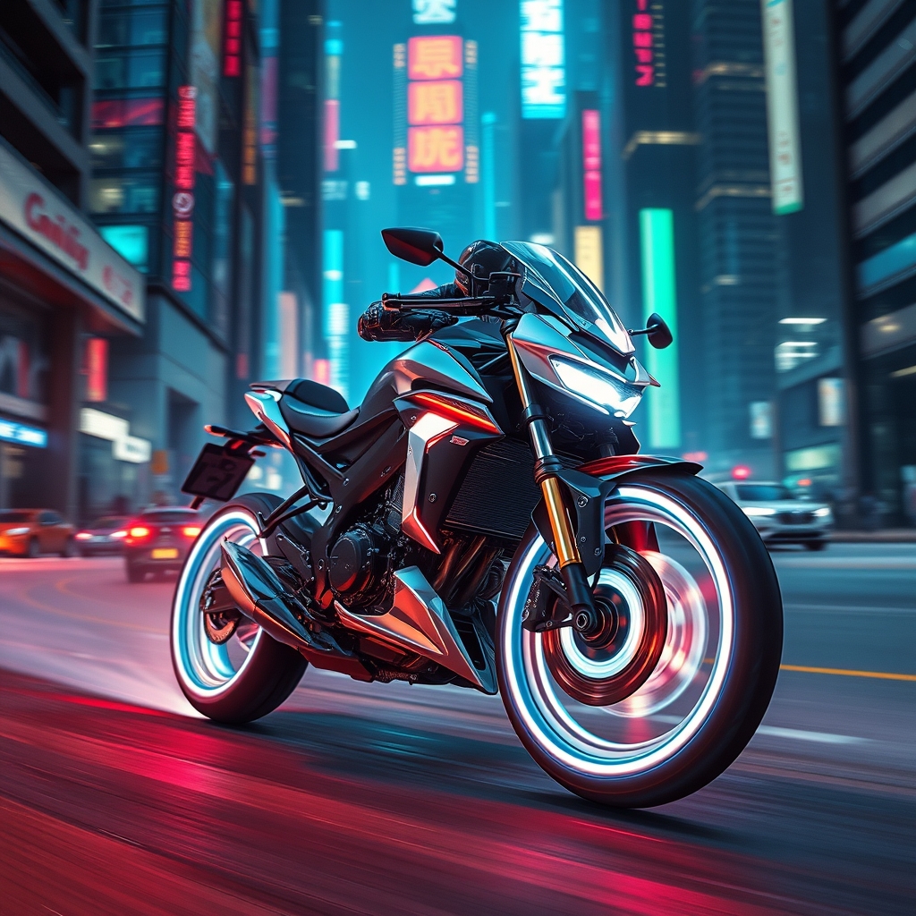 یک موتورسیکلت آیندهنگر با چرخهای هولوگرافیک، در حال حرکت با سرعت در شهری با نورهای نئون.5