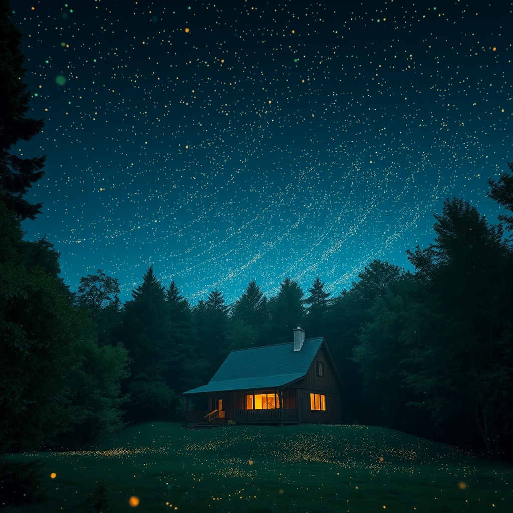 خانه ای در جنگل که در  آسمان  پر از کرم های شب تاب باشد14