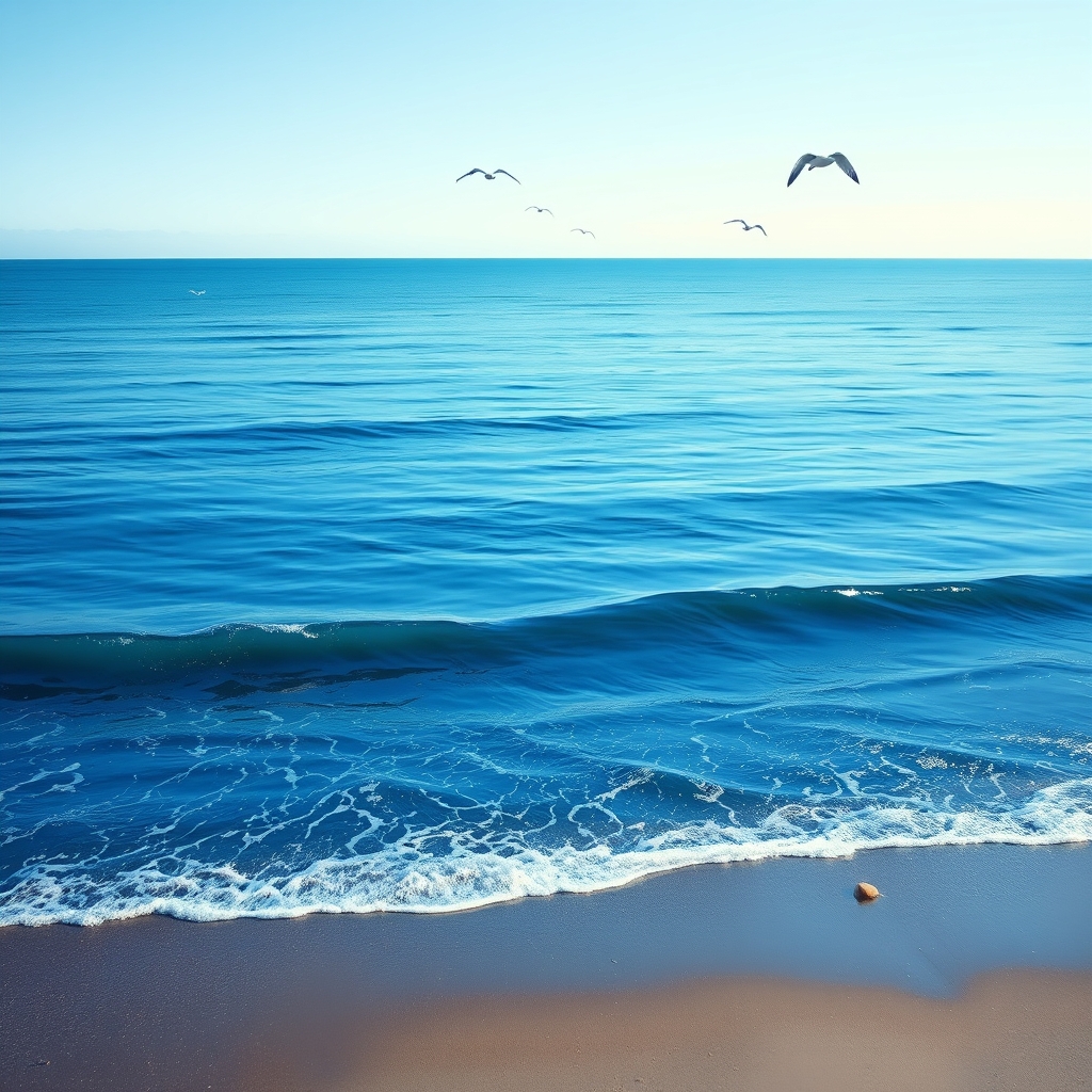 دریای آبی آرام با کمی موج بر ساحل شنی و مرغان دریایی و ..... ونکوگ 4